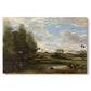 Canvas art print portraying figures washing clothes beside riverbank surrounded by trees, set against a white background