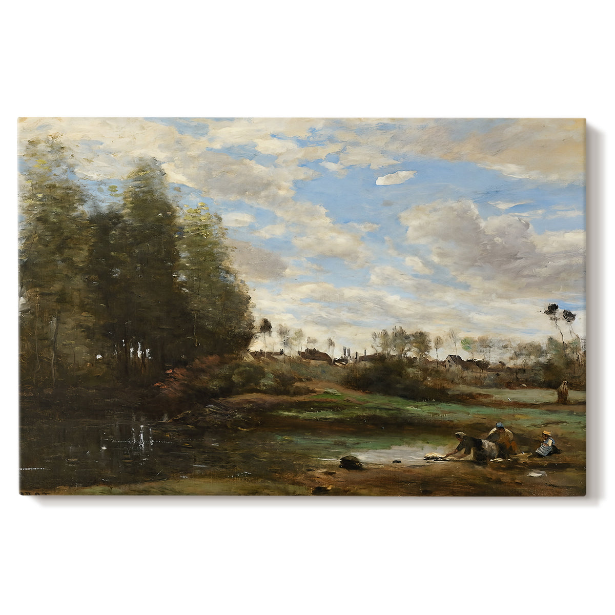 Canvas art print portraying figures washing clothes beside riverbank surrounded by trees, set against a white background