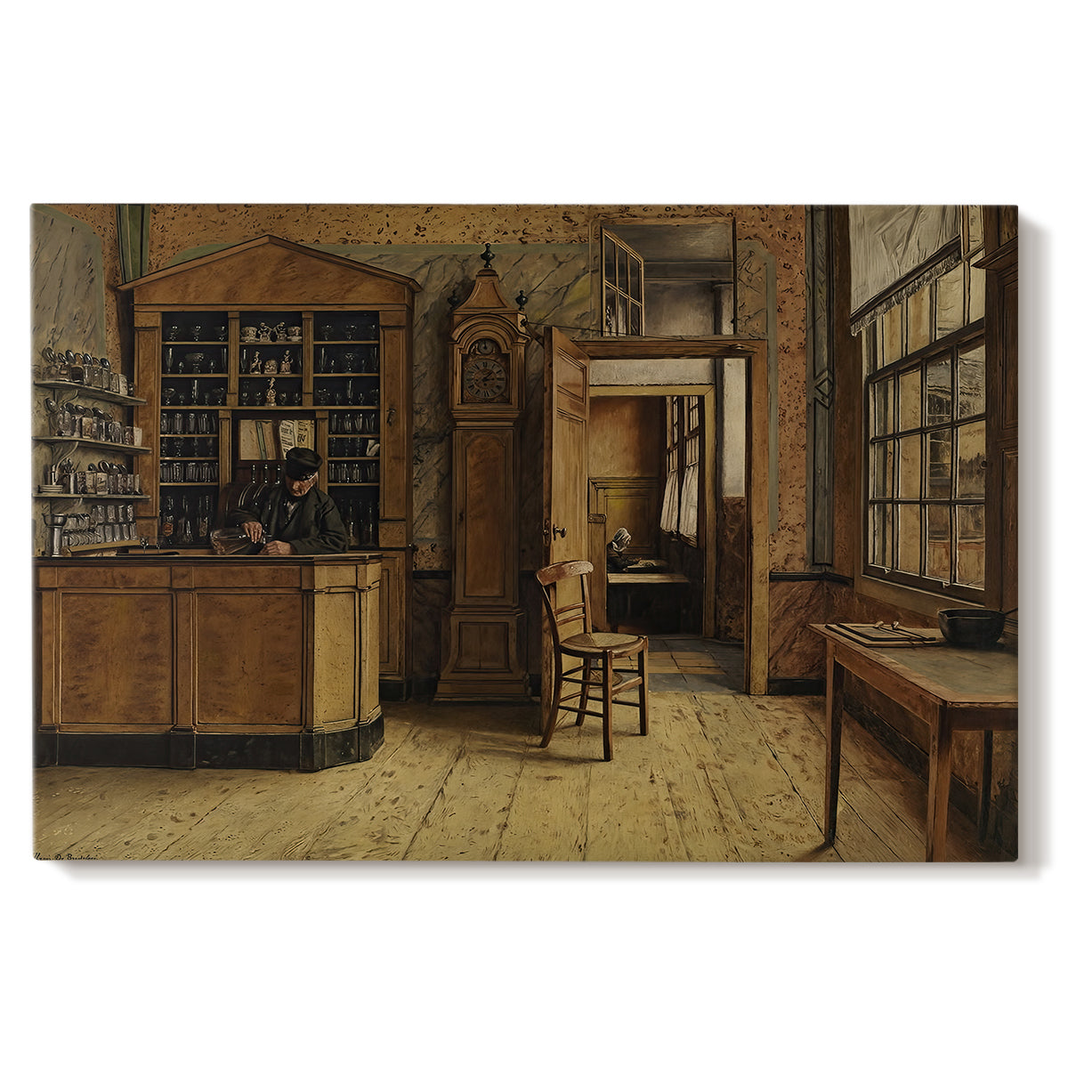 Canvas art print portraying a figure standing inside rustic inn interior with wooden furnishings and doorway, set against a white background