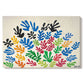 Canvas art print portraying an abstract arrangement of colorful leaf-like cut-outs, set against a white background