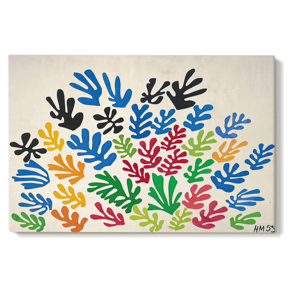 Canvas art print portraying an abstract arrangement of colorful leaf-like cut-outs, set against a white background