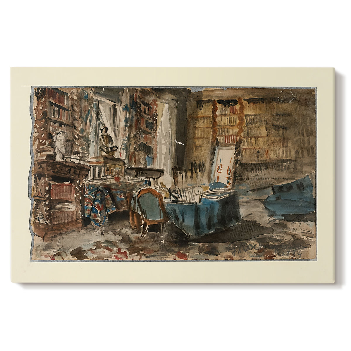 Canvas art print portraying a detailed interior study filled with books, furniture, and personal objects, set against a white background