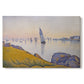 Canvas art print portraying a quiet harbor at sunset, set against a white background