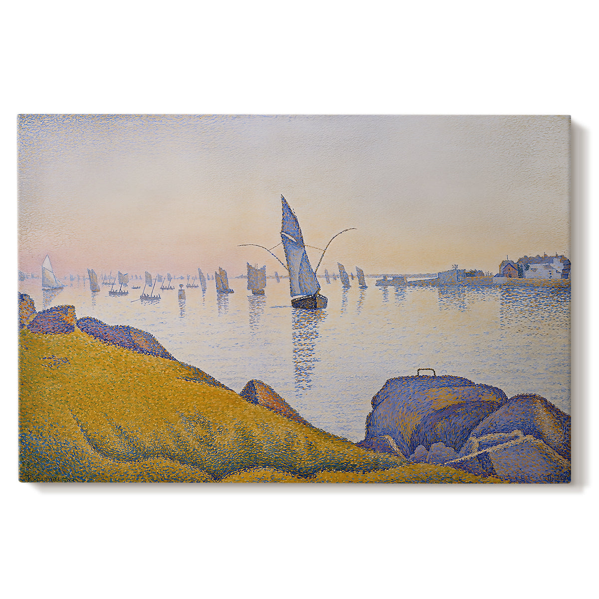 Canvas art print portraying a quiet harbor at sunset, set against a white background