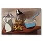 Canvas art print portraying a still life with jug candle and pan in angular composition, set against a white background