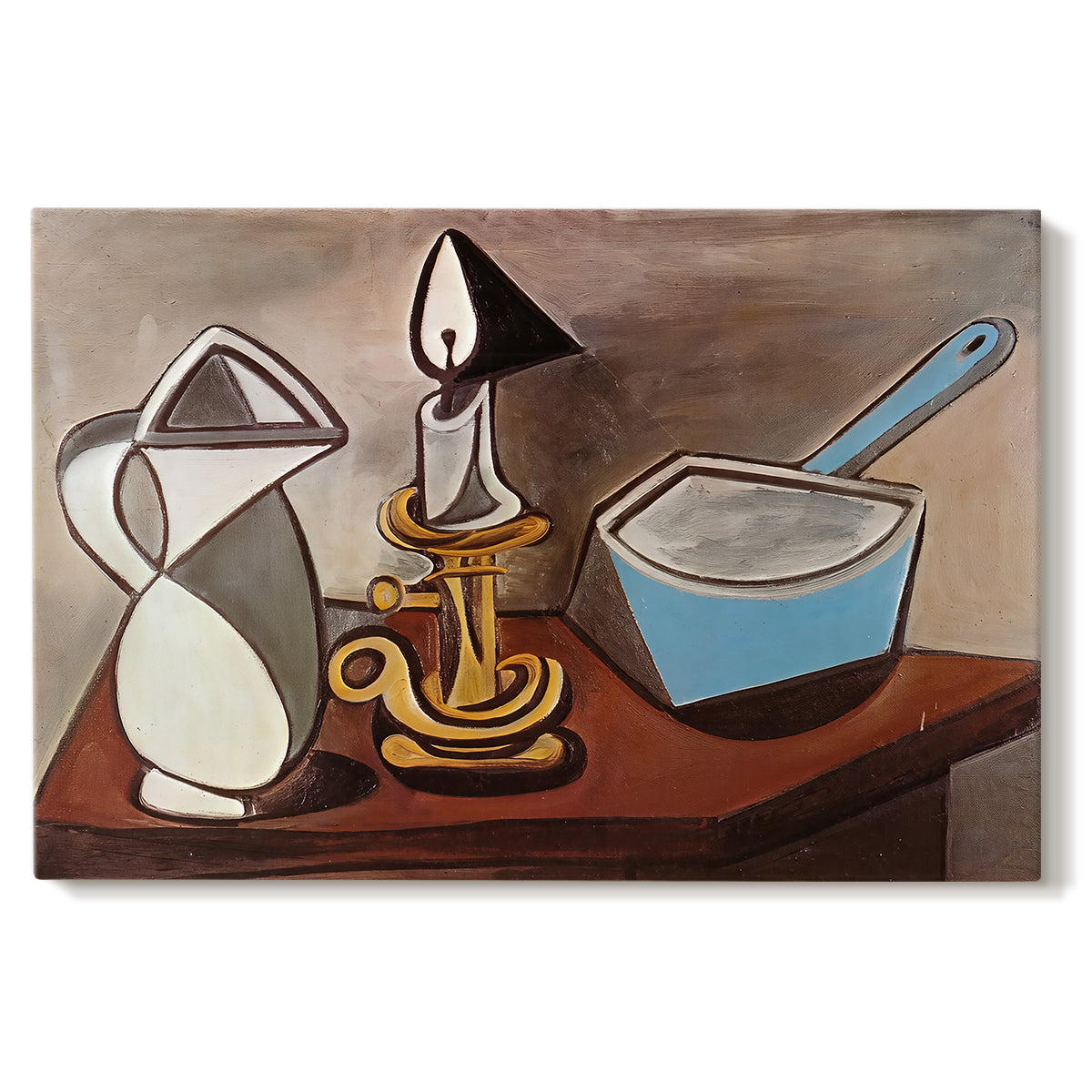 Canvas art print portraying a still life with jug candle and pan in angular composition, set against a white background