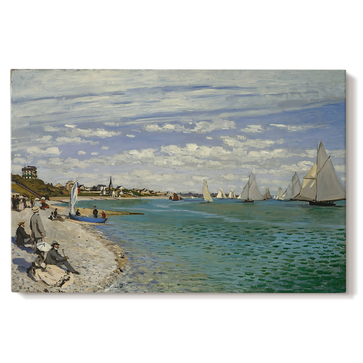 Canvas art print portraying sailboats gathered near shore with flags and spectators along coastline, set against a white background