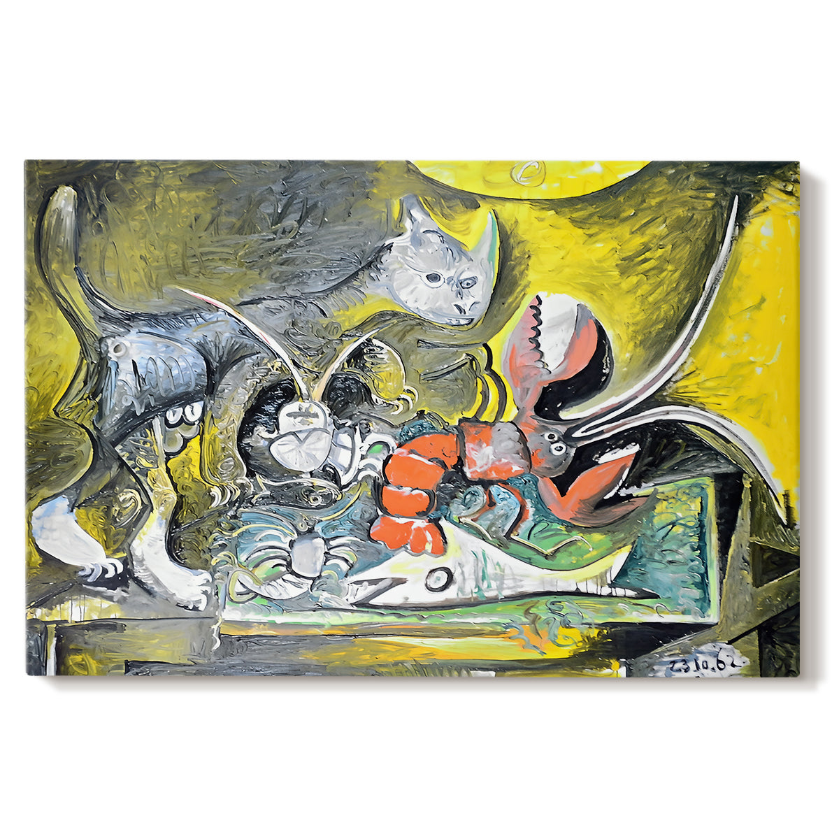 Canvas art print portraying an abstract still life combining cat and lobster, set against a white background