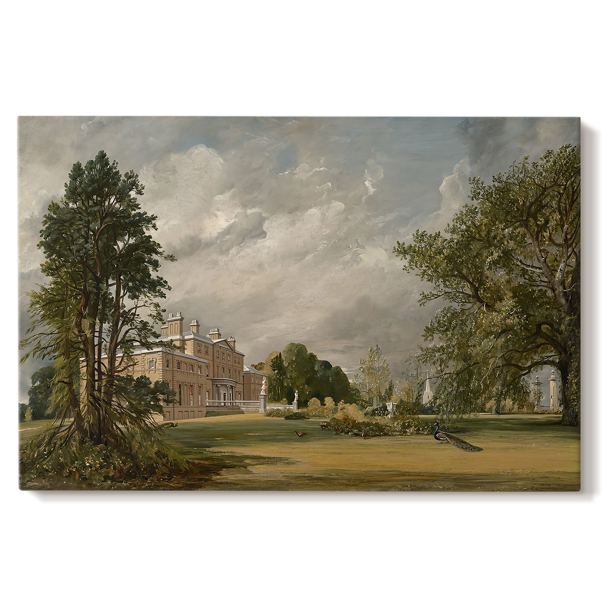Canvas art print portraying a country house surrounded by trees in landscaped grounds, set against a white background