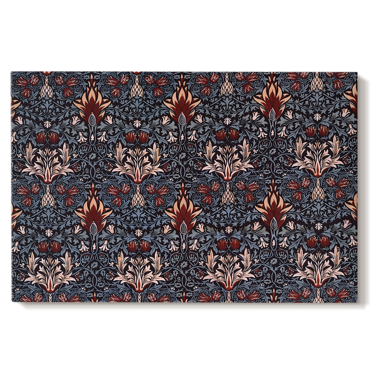 Canvas art print portraying a repeating pattern of stylized flowers with curved stems in contrasting indigo and red tones, set against a white background