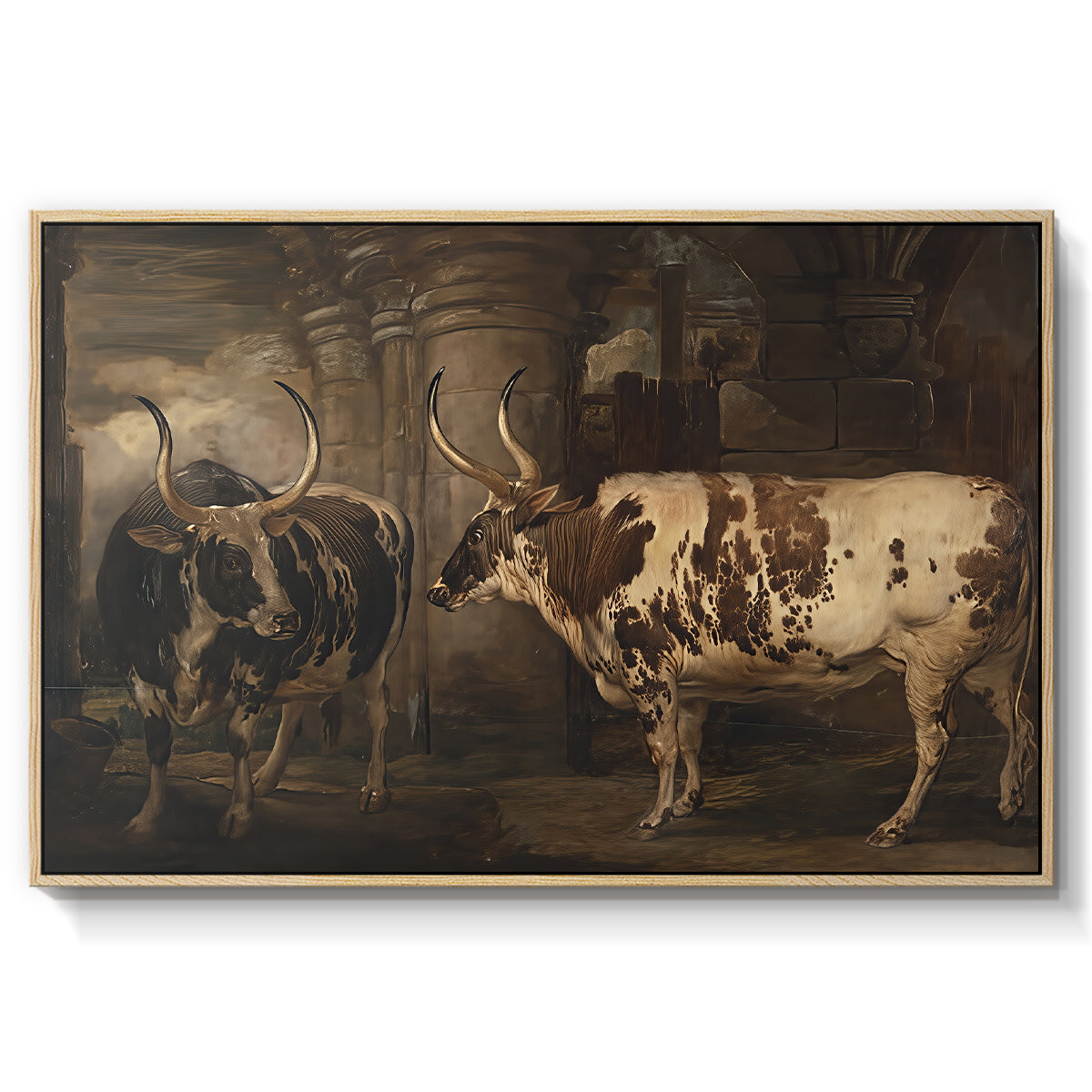 Portraits of Two Extraordinary Oxen, Property of the Earl of Powis, 1814 - Floater Framed Canvas Print