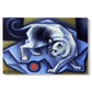 Canvas art print portraying a geometric cat interacting with ball in cubist composition, set against a white background
