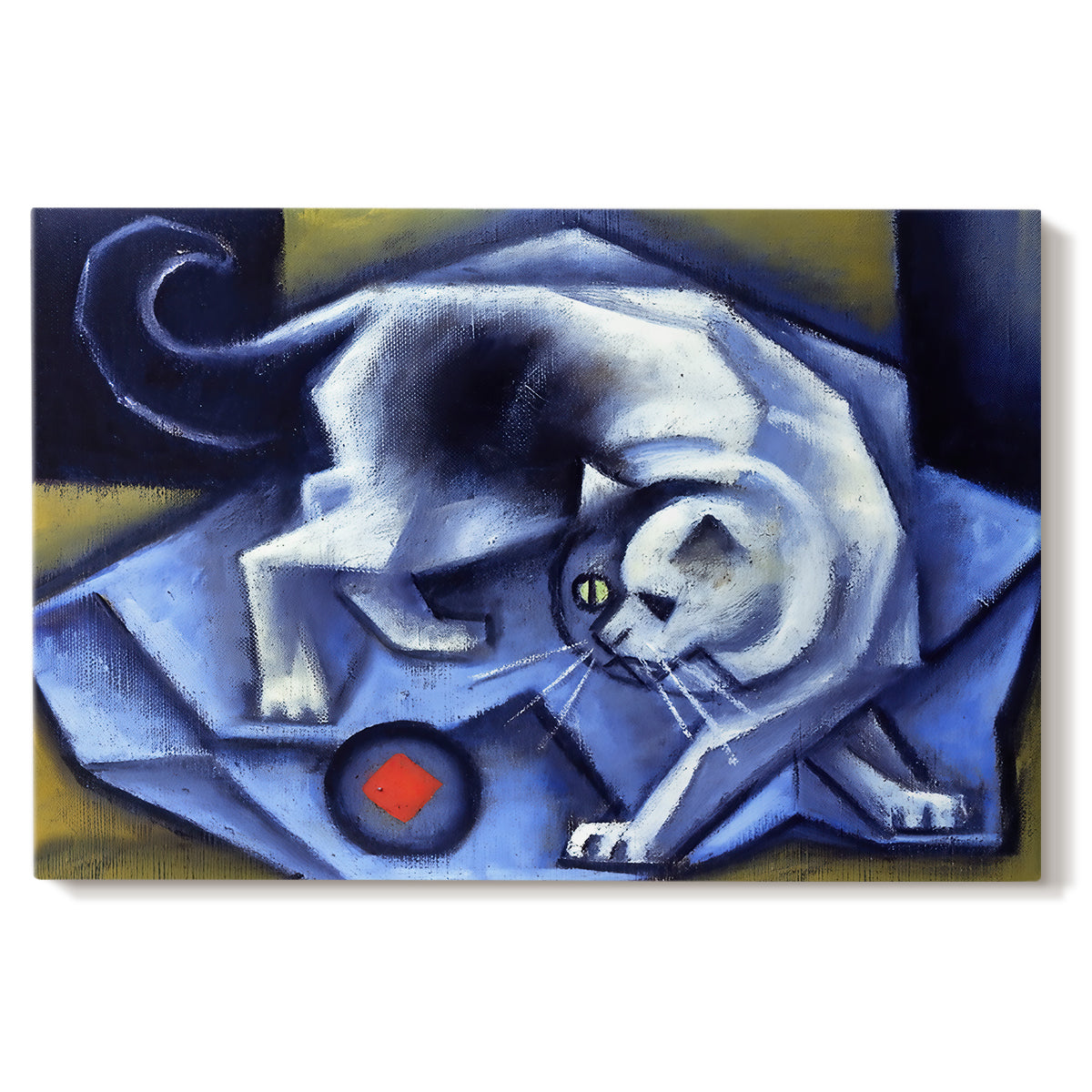 Canvas art print portraying a geometric cat interacting with ball in cubist composition, set against a white background