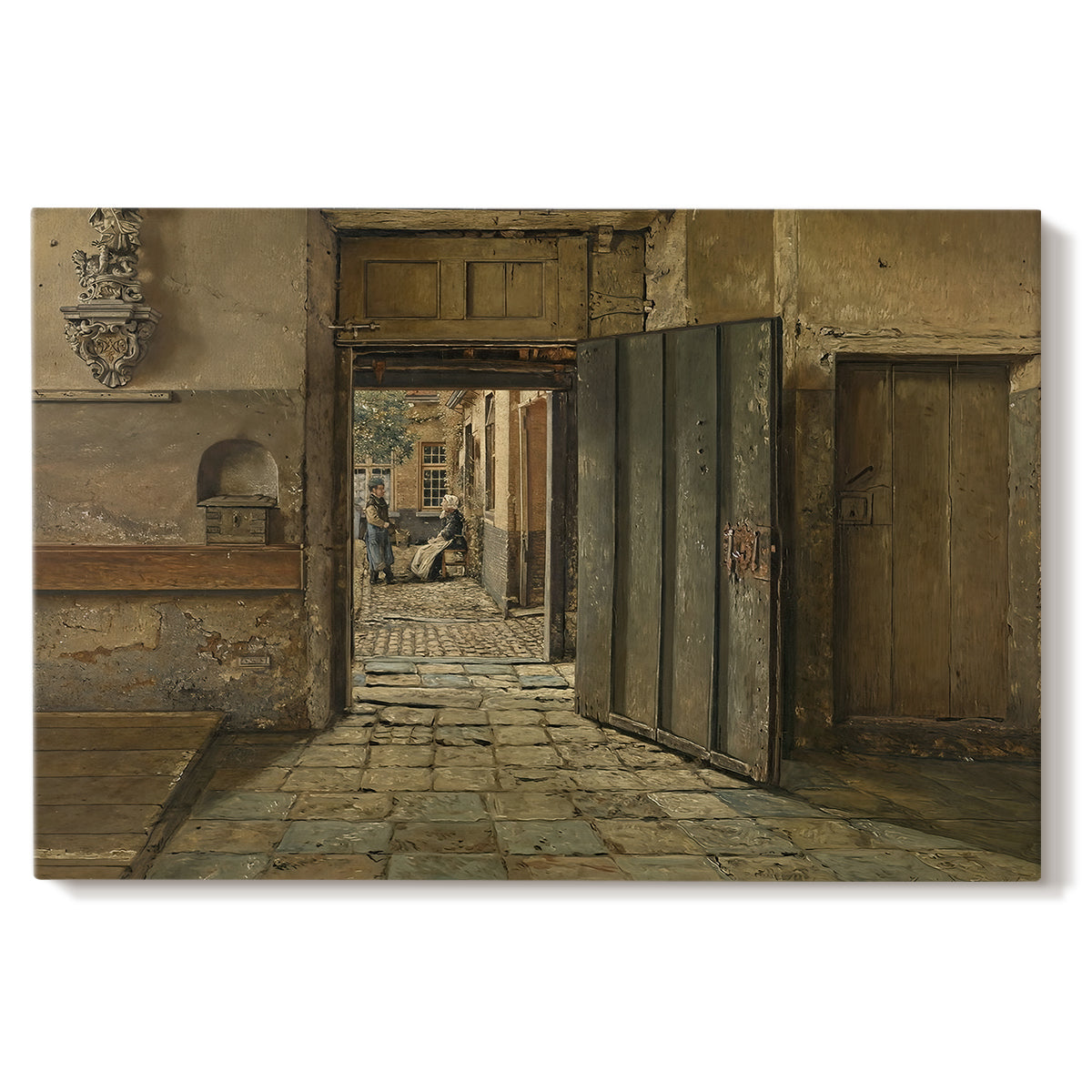 Canvas art print portraying two figures standing in sparse interior engaged in quiet exchange, set against a white background