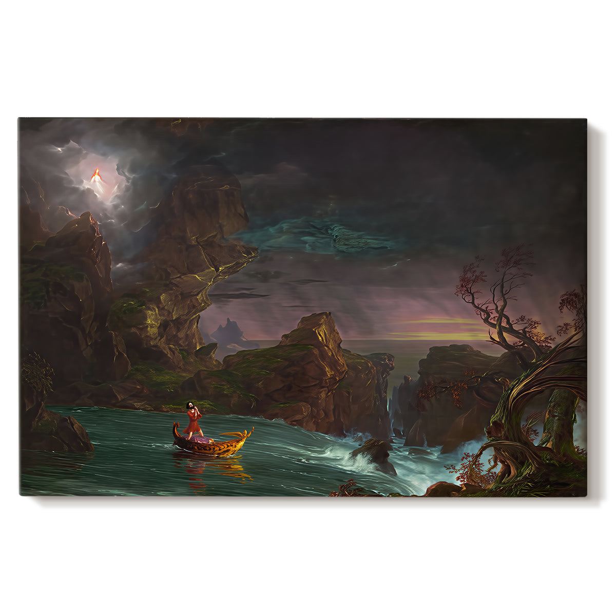 Canvas art print portraying a stylized composition showcasing architectural history, set against a white background