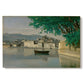 Canvas art print portraying a waterfront city view with buildings and boats along calm water, set against a white background