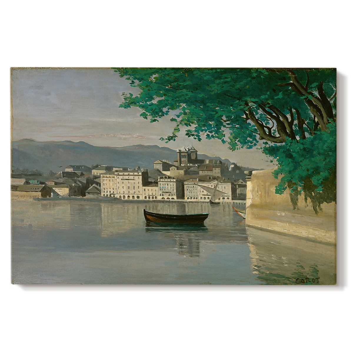 Canvas art print portraying a waterfront city view with buildings and boats along calm water, set against a white background