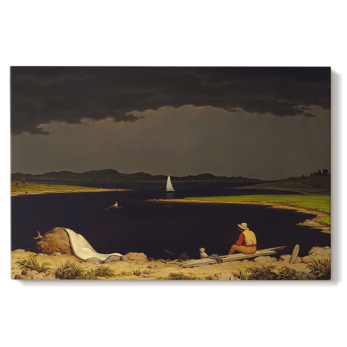 Canvas art print portraying dark storm clouds gathering over landscape horizon, set against a white background