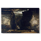 Canvas art print portraying a dramatic rocky gorge with towering cliffs and waterfall, set against a white background
