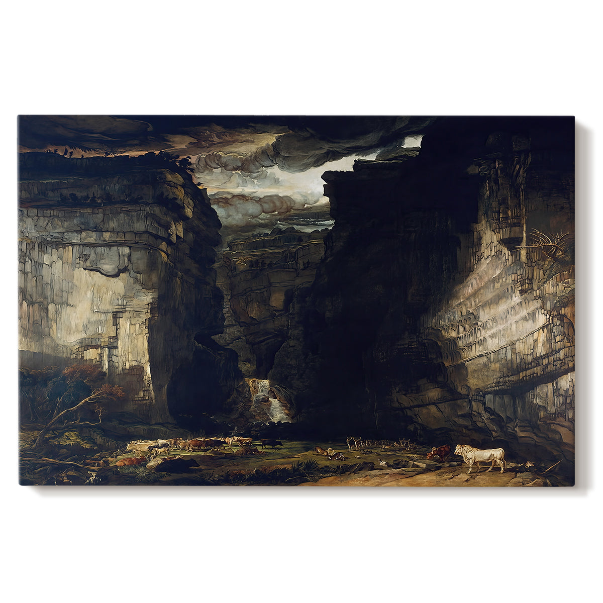 Canvas art print portraying a dramatic rocky gorge with towering cliffs and waterfall, set against a white background