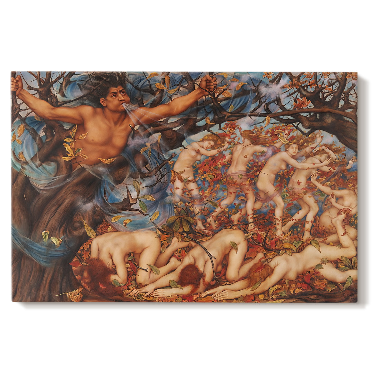 Canvas art print portraying swirling figures carried by wind among falling leaves in dynamic composition, set against a white background