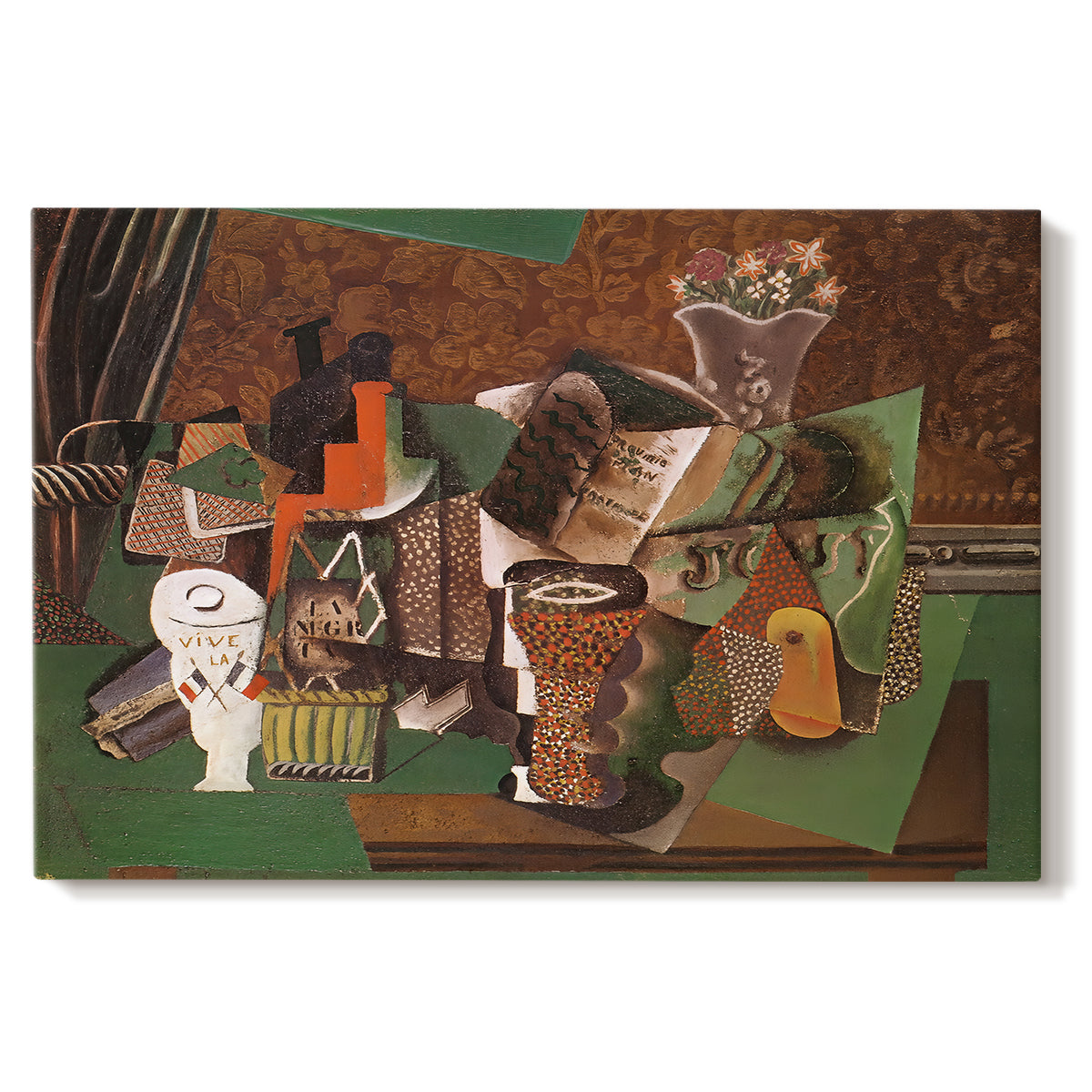Canvas art print portraying a collage still life with cards bottles and glasses, set against a white background