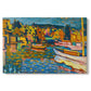 Canvas art print portraying a semi-abstract landscape with boats and shoreline suggested through bold color areas, set against a white background