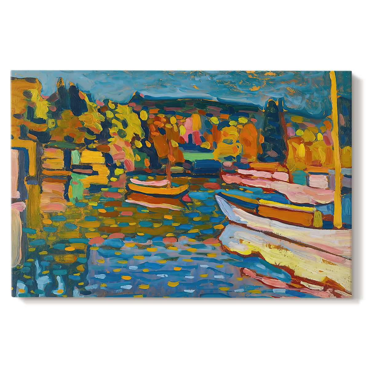 Canvas art print portraying a semi-abstract landscape with boats and shoreline suggested through bold color areas, set against a white background