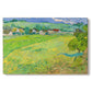 Canvas art print portraying a rolling hillside landscape with houses and fields under wide sky, set against a white background