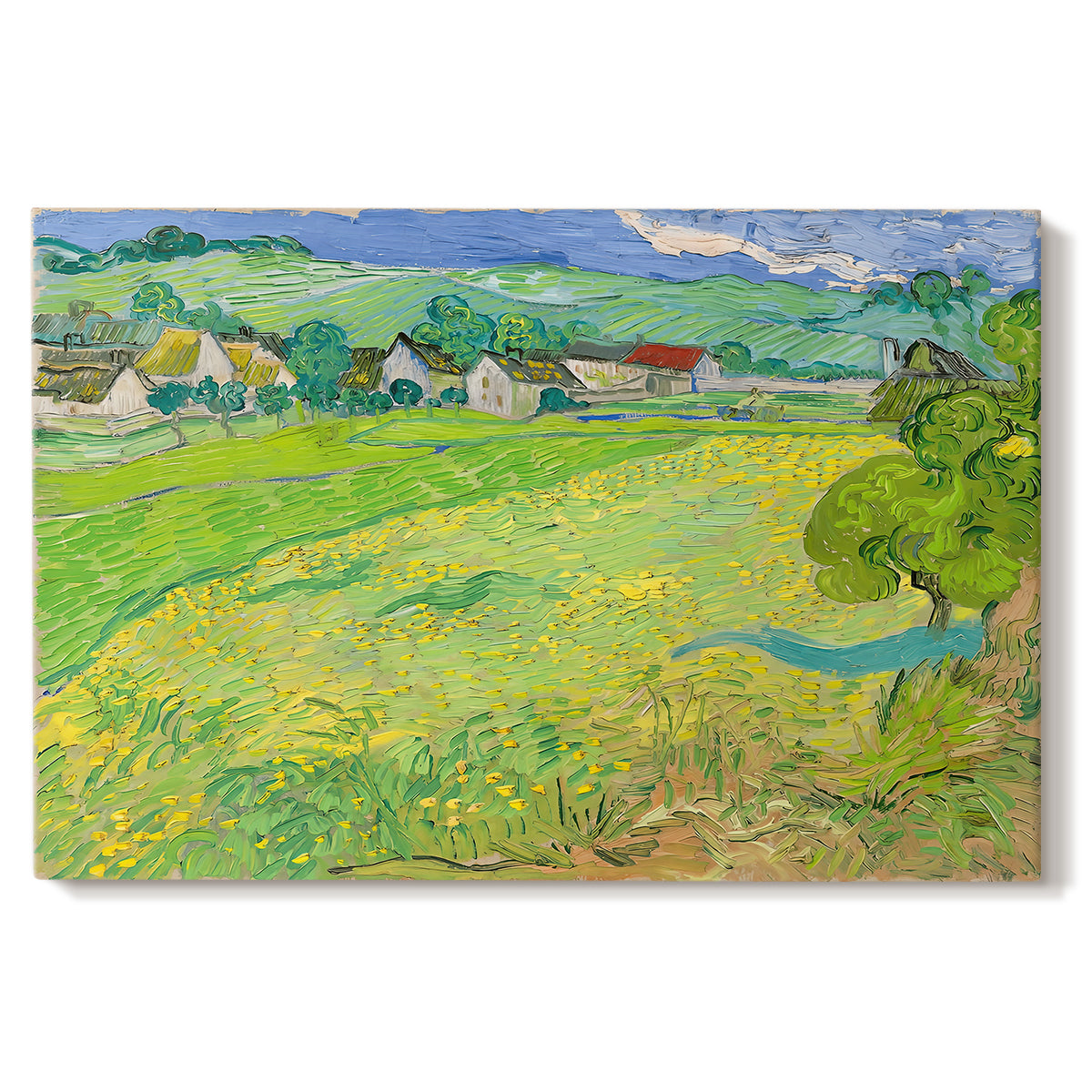 Canvas art print portraying a rolling hillside landscape with houses and fields under wide sky, set against a white background