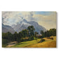 Canvas art print portraying an alpine mountain landscape with towering peaks and valley below, set against a white background