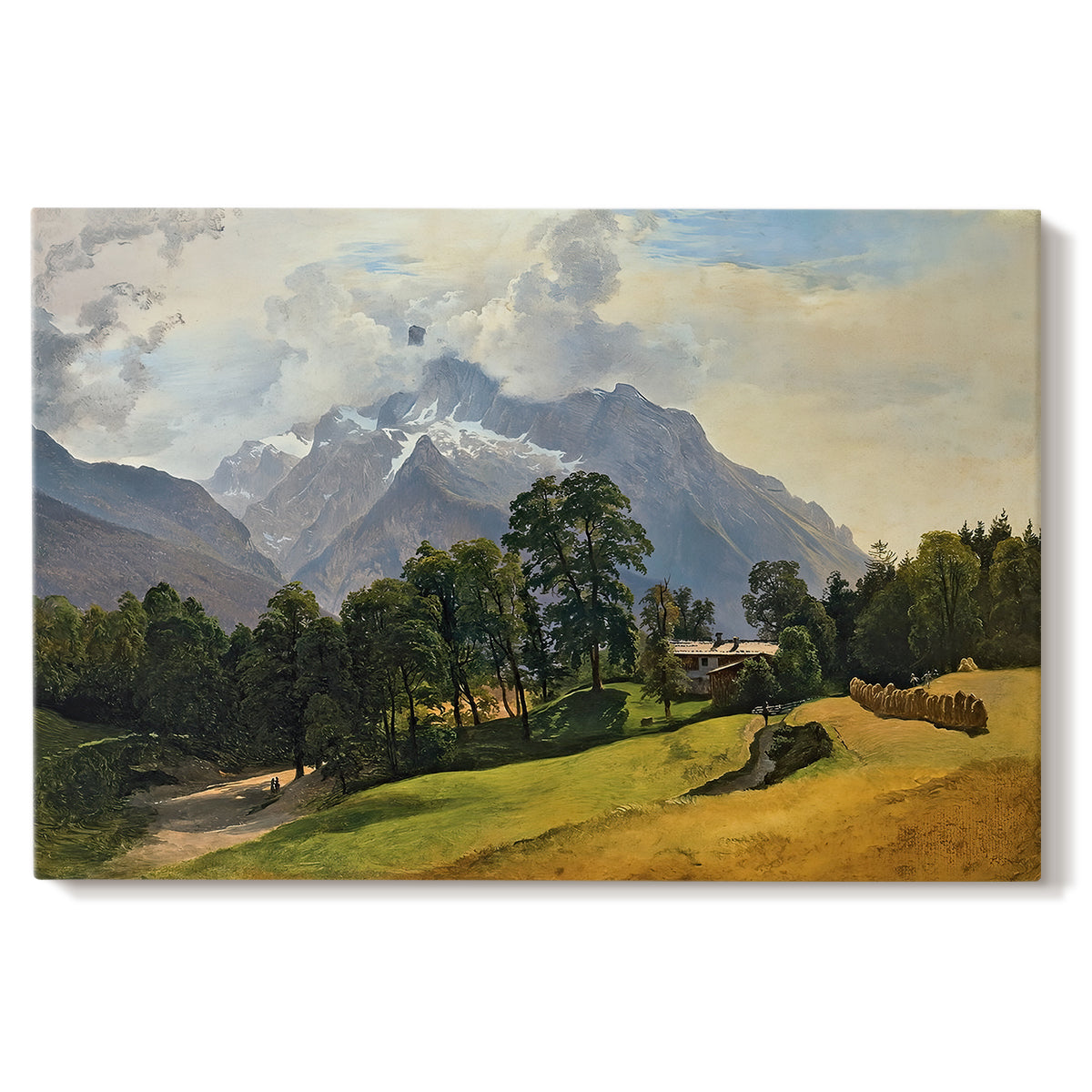 Canvas art print portraying an alpine mountain landscape with towering peaks and valley below, set against a white background