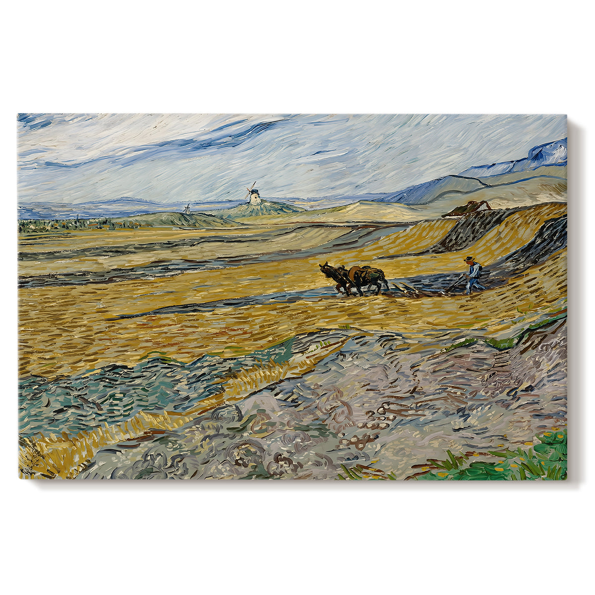 Canvas art print portraying a ploughed field enclosed by low walls with lone worker under broad sky, set against a white background
