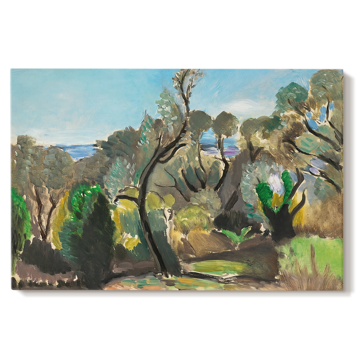 Canvas art print portraying a rolling landscape with trees and open sky in bright natural colors, set against a white background