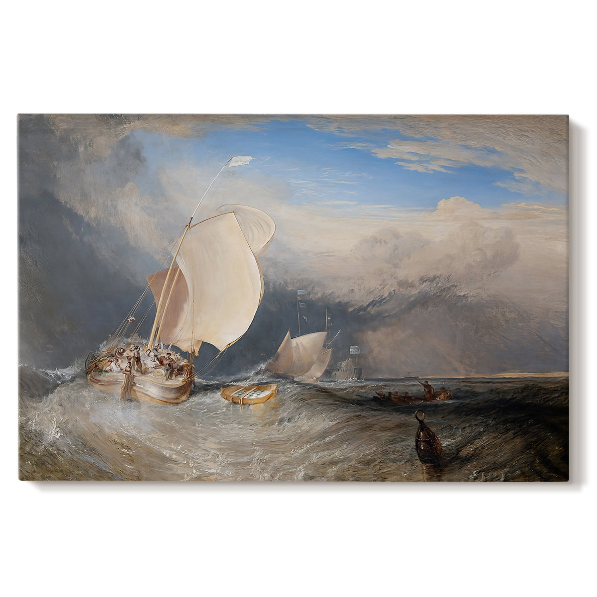 Canvas art print portraying fishing boats docked near shore with figures bargaining for fish in coastal setting, set against a white background