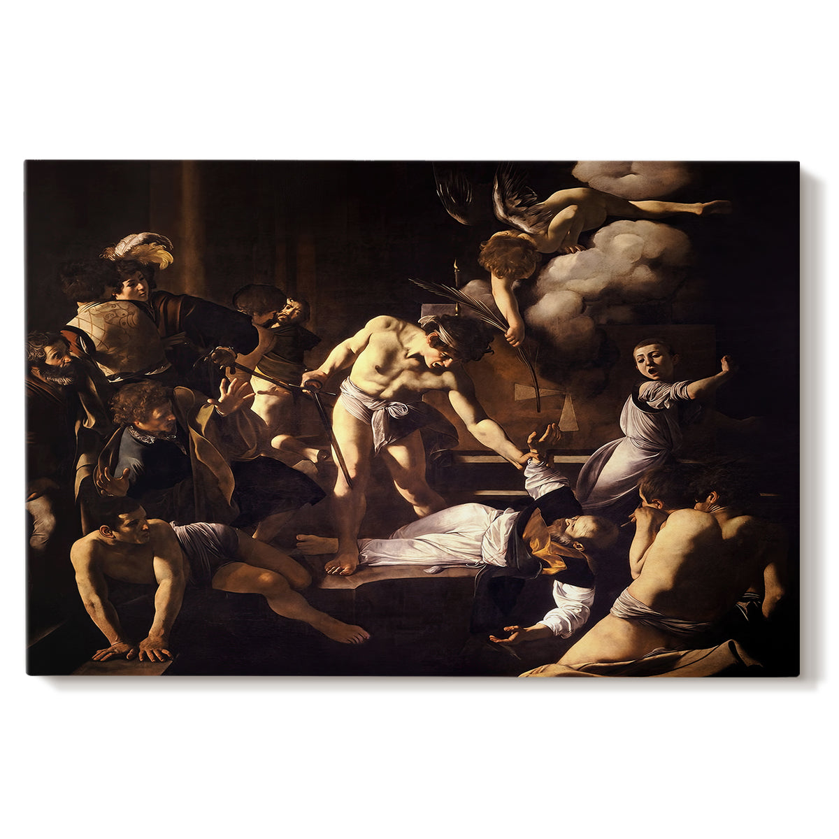 Canvas art print portraying a chaotic scene of Saint Matthew being attacked by executioner in church, set against a white background