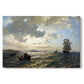 Canvas art print portraying a breezy coastal landscape with waves, boats, and open sky, set against a white background