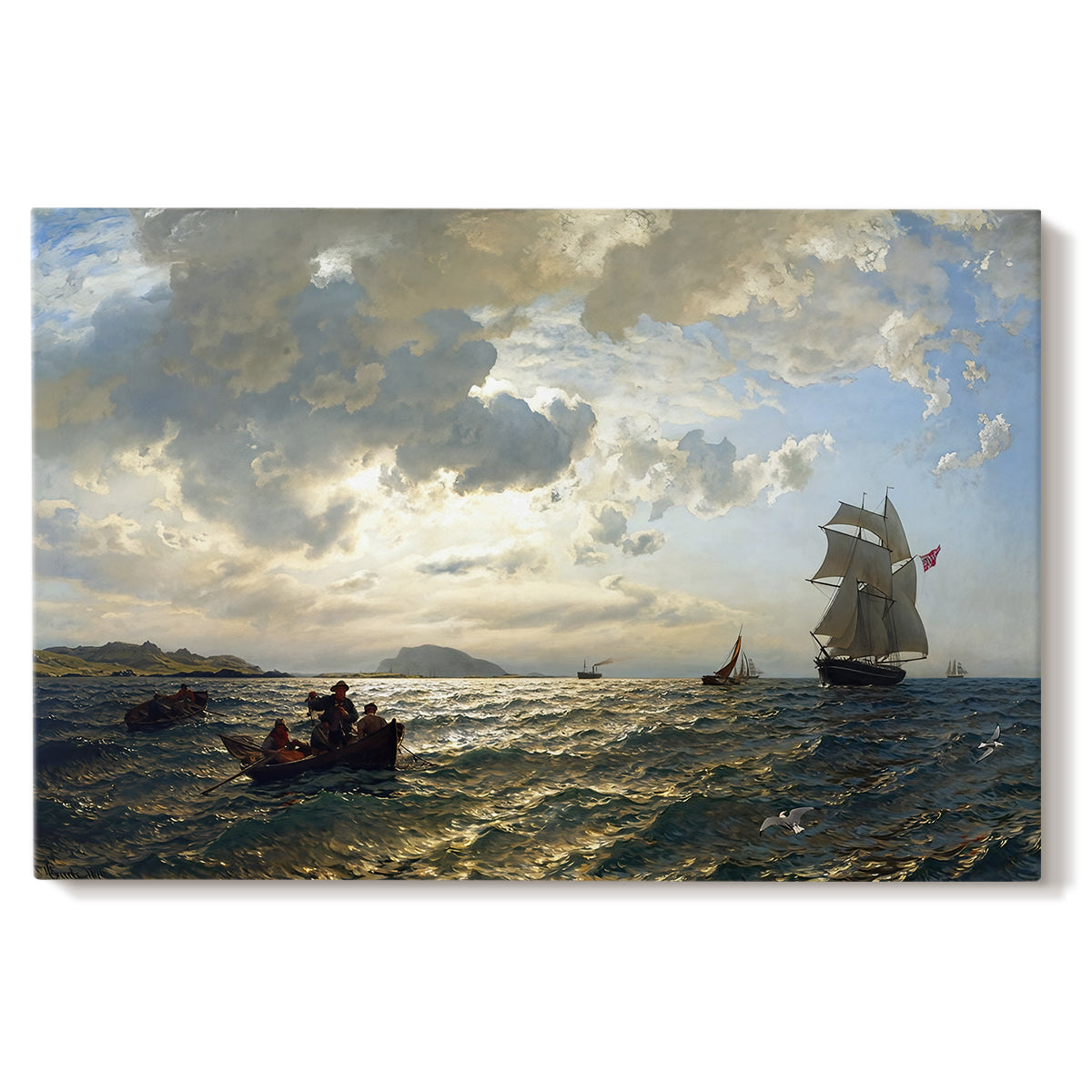 Canvas art print portraying a breezy coastal landscape with waves, boats, and open sky, set against a white background