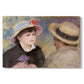 Canvas art print portraying a close-up of a couple seated together outdoors with hats and soft sunlight, set against a white background