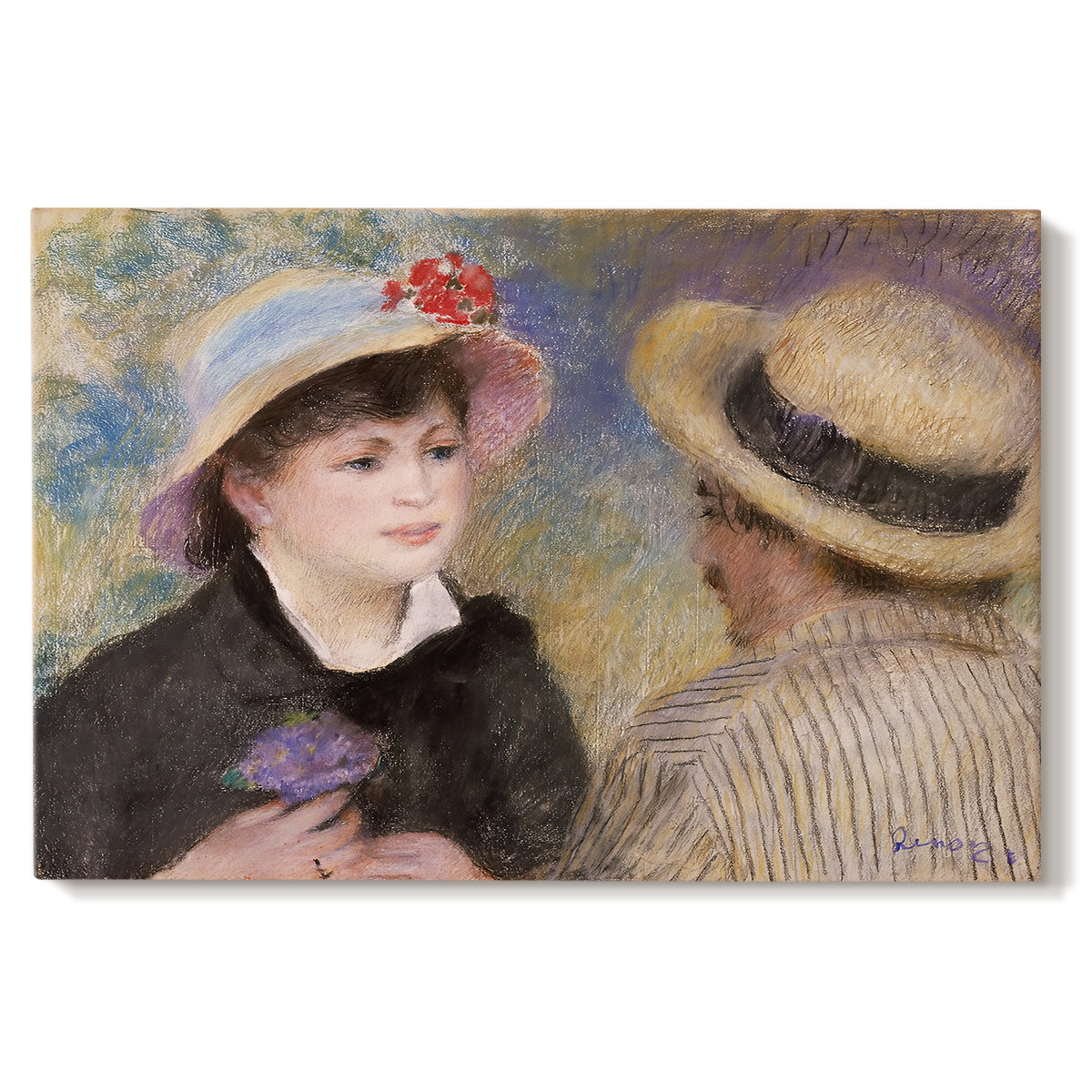 Canvas art print portraying a close-up of a couple seated together outdoors with hats and soft sunlight, set against a white background