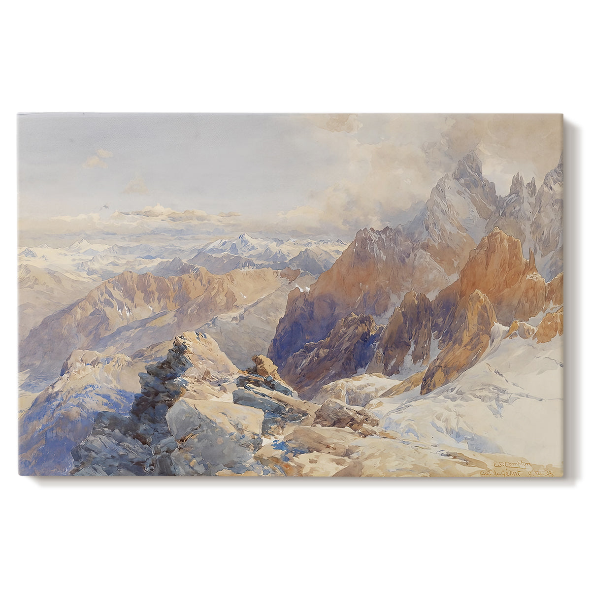 Canvas art print portraying a mountain pass with snow-covered peaks and expansive alpine valley, set against a white background