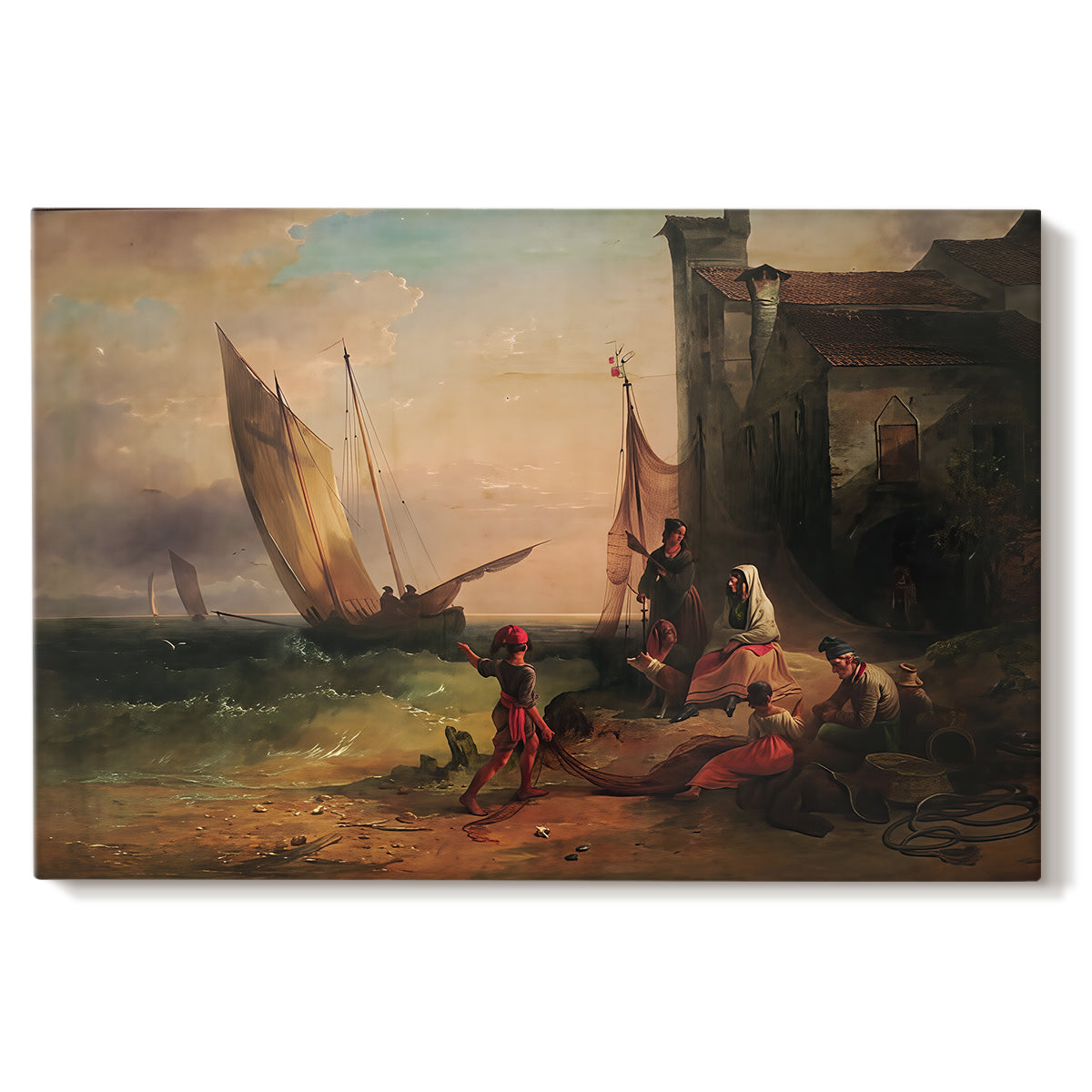 Canvas art print portraying a family gathered near boats and water, set against a white background
