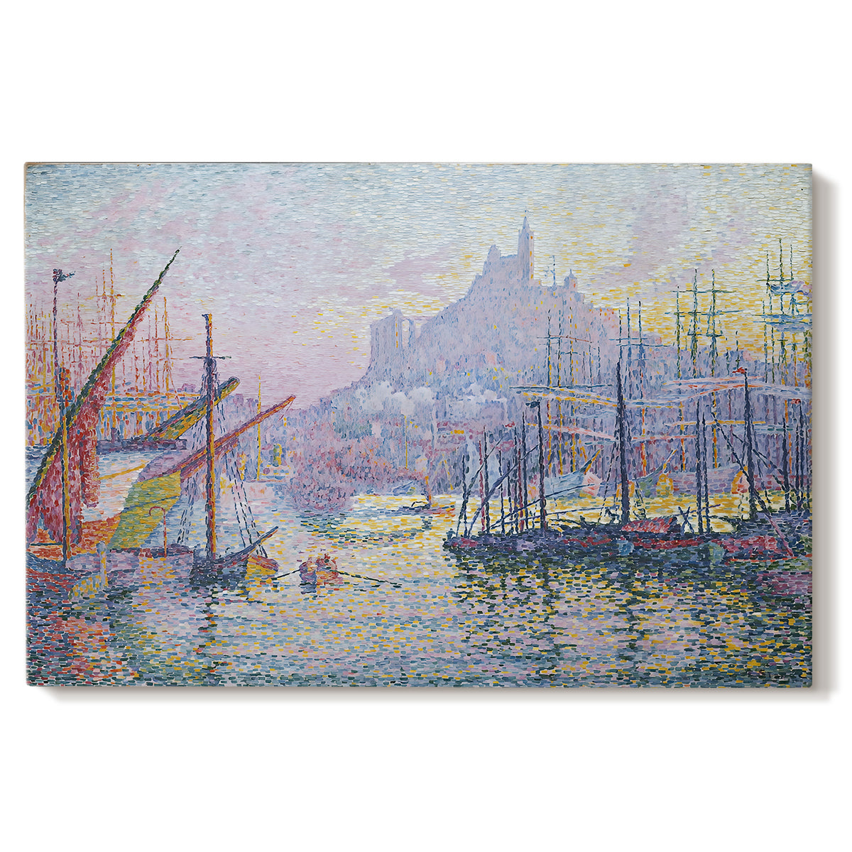Canvas art print portraying a busy harbor filled with boats and waterfront, set against a white background