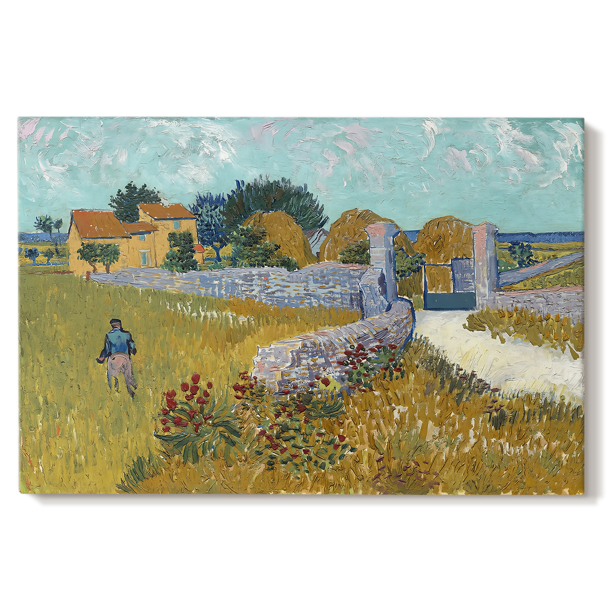 Canvas art print portraying a small farmhouse surrounded by yellow field and trees under blue sky, set against a white background