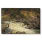 Canvas art print portraying a waterfall cascading down rocky slope surrounded by forest, set against a white background