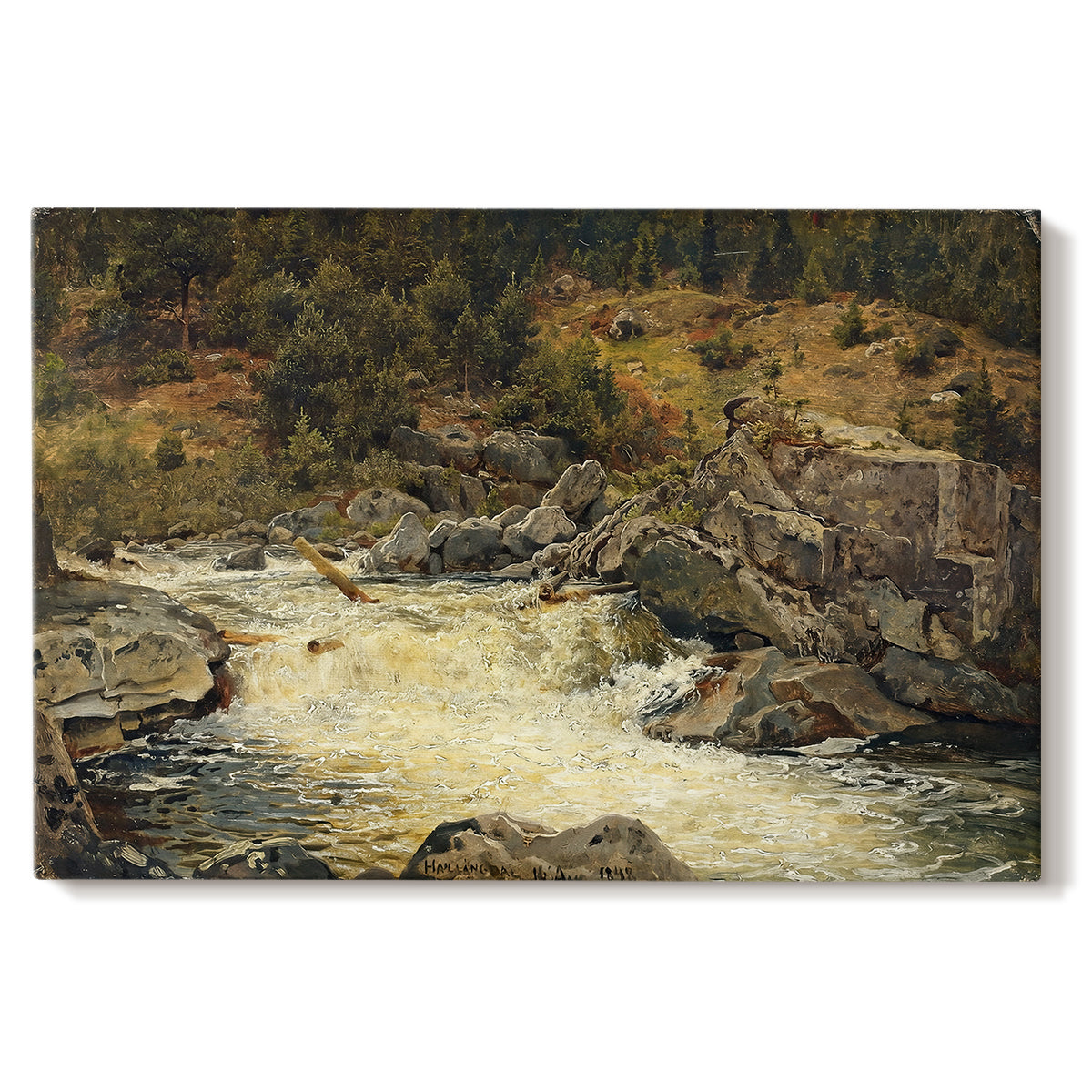 Canvas art print portraying a waterfall cascading down rocky slope surrounded by forest, set against a white background