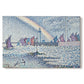 Canvas art print portraying boats entering harbor with buildings, set against a white background