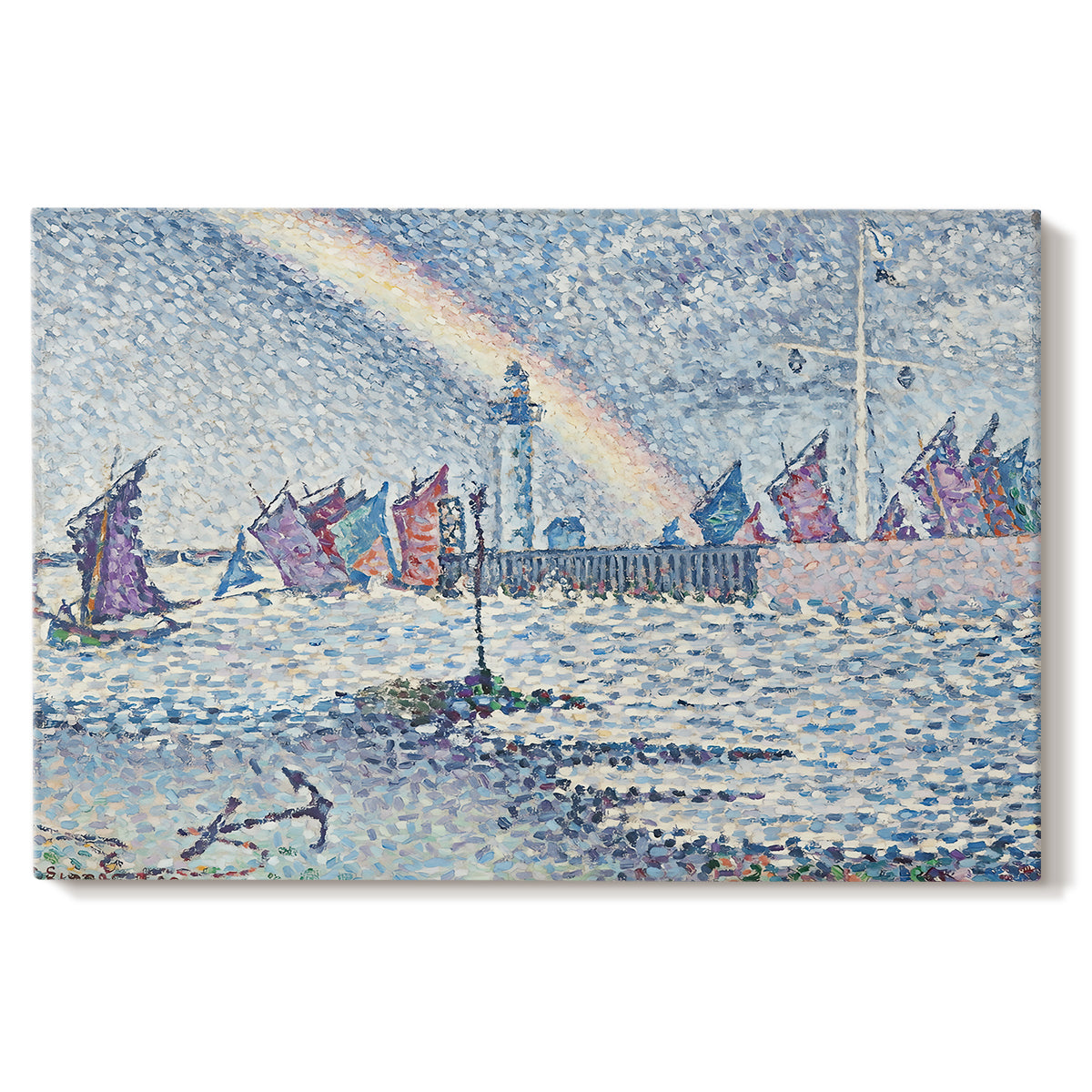 Canvas art print portraying boats entering harbor with buildings, set against a white background