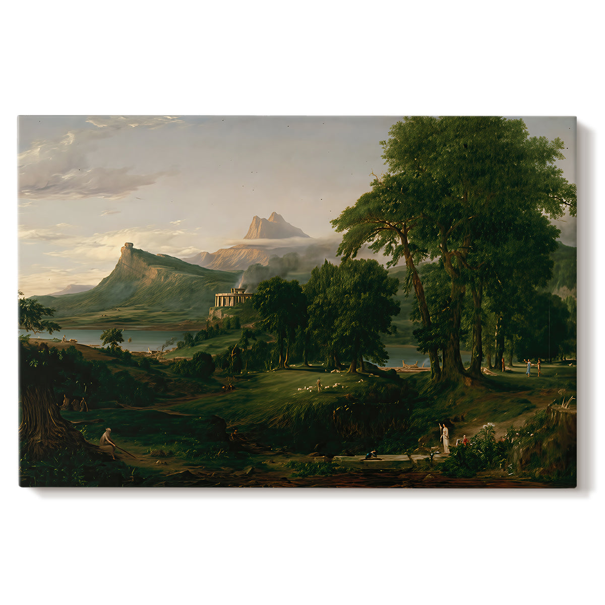 Canvas art print portraying a peaceful pastoral landscape with figures farming and grazing animals, set against a white background