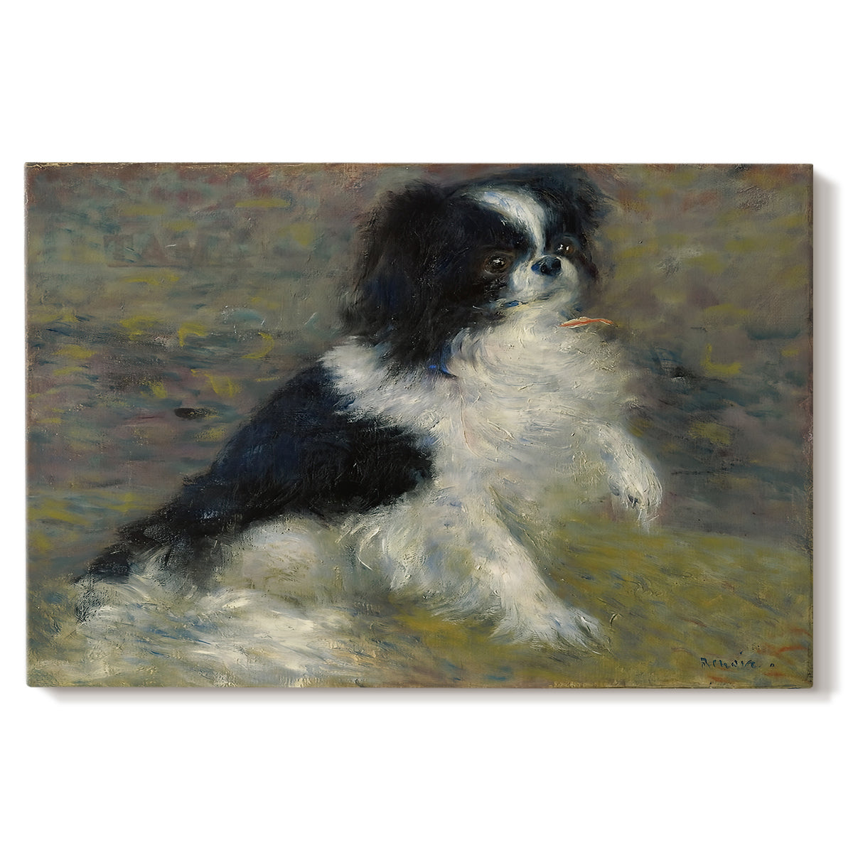 Canvas art print portraying a small black and white dog standing in shallow water with soft brushstrokes, set against a white background